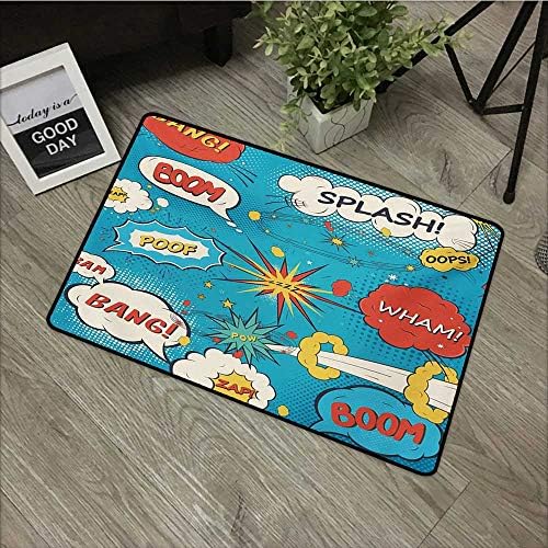 Anzhutwelve Superhero，All Weather Door Mats Pop Art Style Comic Speech Bubbles Funny Humor Expressions Boom Splash Bang W 31" x L 47" Printing Non-Slip Floor Mat Blue Cream Red
