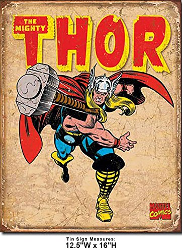 Thor Retro Marvel Comics Retro Vintage Decor Tin Sign 12.5 in Wx16 in H - With Sticky Stripes . No Damage to Walls