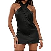 SOLY HUX Women's Satin Halter Dress Tie Backless Criss Cross Mini Cocktail Party Dresses