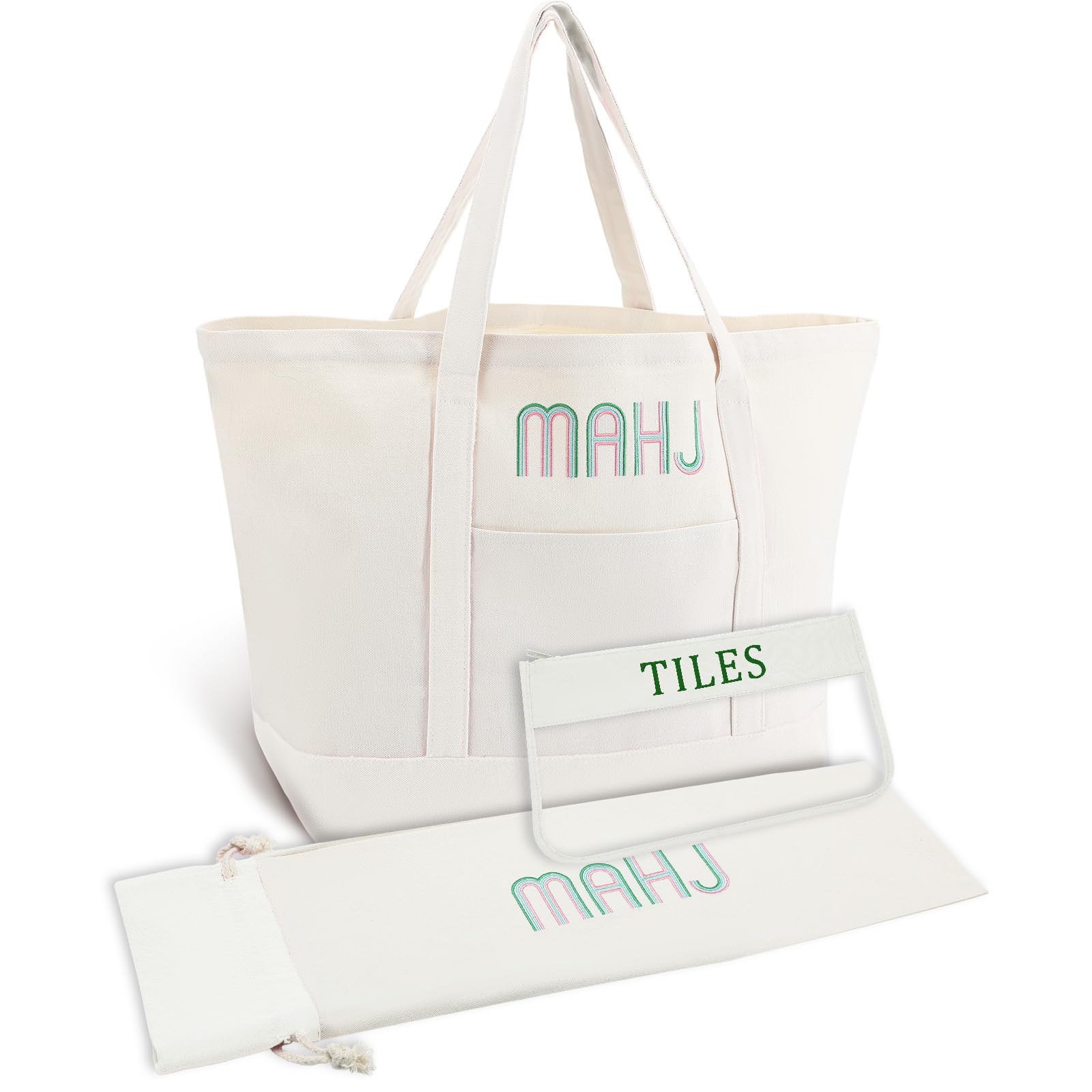 Sunnymove 3 Pcs Empty Mahjong Canvas Bag Gift Embroidered American Mahjong Set Incl Tiles Bag and Racks & Pushers Drawstring Bags(White)