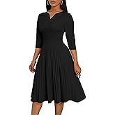 CLOCOR Midi Dresses for Women, 3/4 Sleeve A Line Pleated Casual Dress V Neck Church Cocktail Wedding Guest Dress
