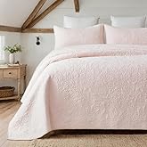 Brandream Queen Size Quilt Set Cotton Light Pink Floral Quilts Botanical Matelasse Coverlet Set 3-Piece