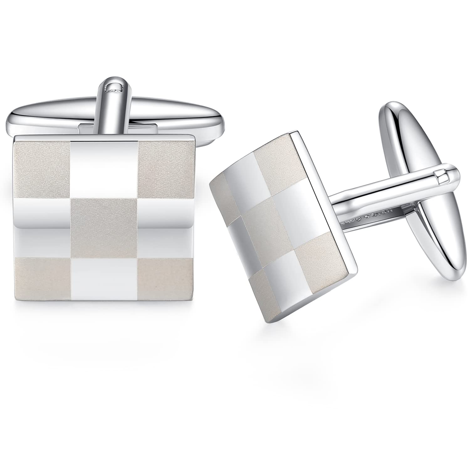 HONEY BEAR Cufflinks For Mens - Silver Stainless Steel Square Lattice For Business Wedding Gift …