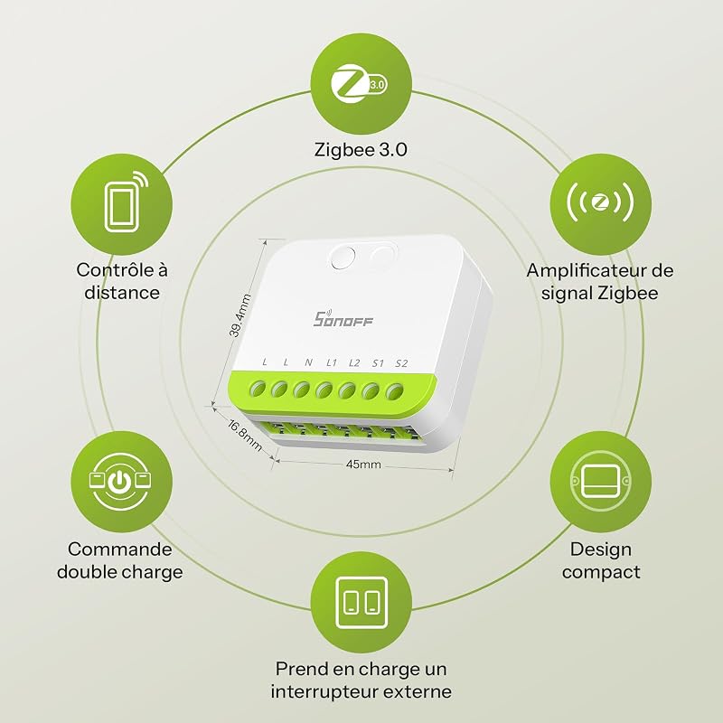 Mini Duo Interrupteur intelligent Zigbee à 2 canaux, Zigbee 3.0, charge totale 16 A, contrôle à distance via hub Zigbee, conducteur neutre nécessaire, compatible avec Alexa/Google, lot de 2