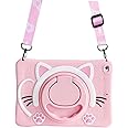 SINQERISHT Tablet Case for Samsung Galaxy Tab S6 Lite 10.4''2022/2020 (SM-P610/P613/P615/P619) Cover with 360° Swivel Stand/Handle Grip/Shoulder Strap,Shockproof Silicone Cover Lovely Cat Case(Pink)