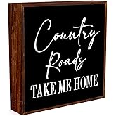 Country Roads, County Home Farmhouse Decor - Wooden Box Sign, Rustic Wood Plaque for Home, Kitchen, Bathroom - Black