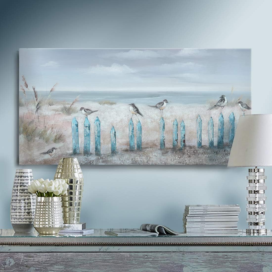 Paintings - Ocean Beach Wall Art 3D Framed Hand-Painted Seascape Oil Painting Perching Bird Canvas Artwork 'The Tranquility by The Sea Shore' for Living Room Bedroom Décor Coastal Blue 16x32inch