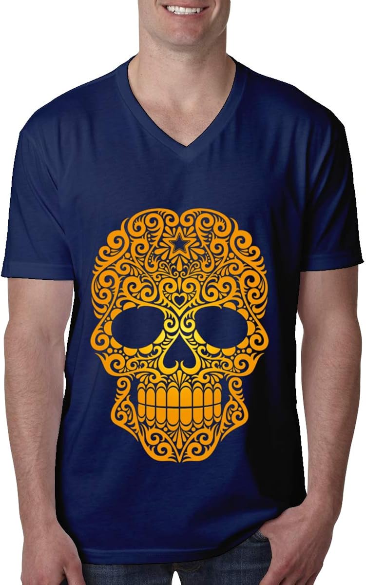Xqsfl931 Yellow Swirling Sugar Skull Men's V Neck T Shirts, Tshirts for Men's Amazon.co.uk