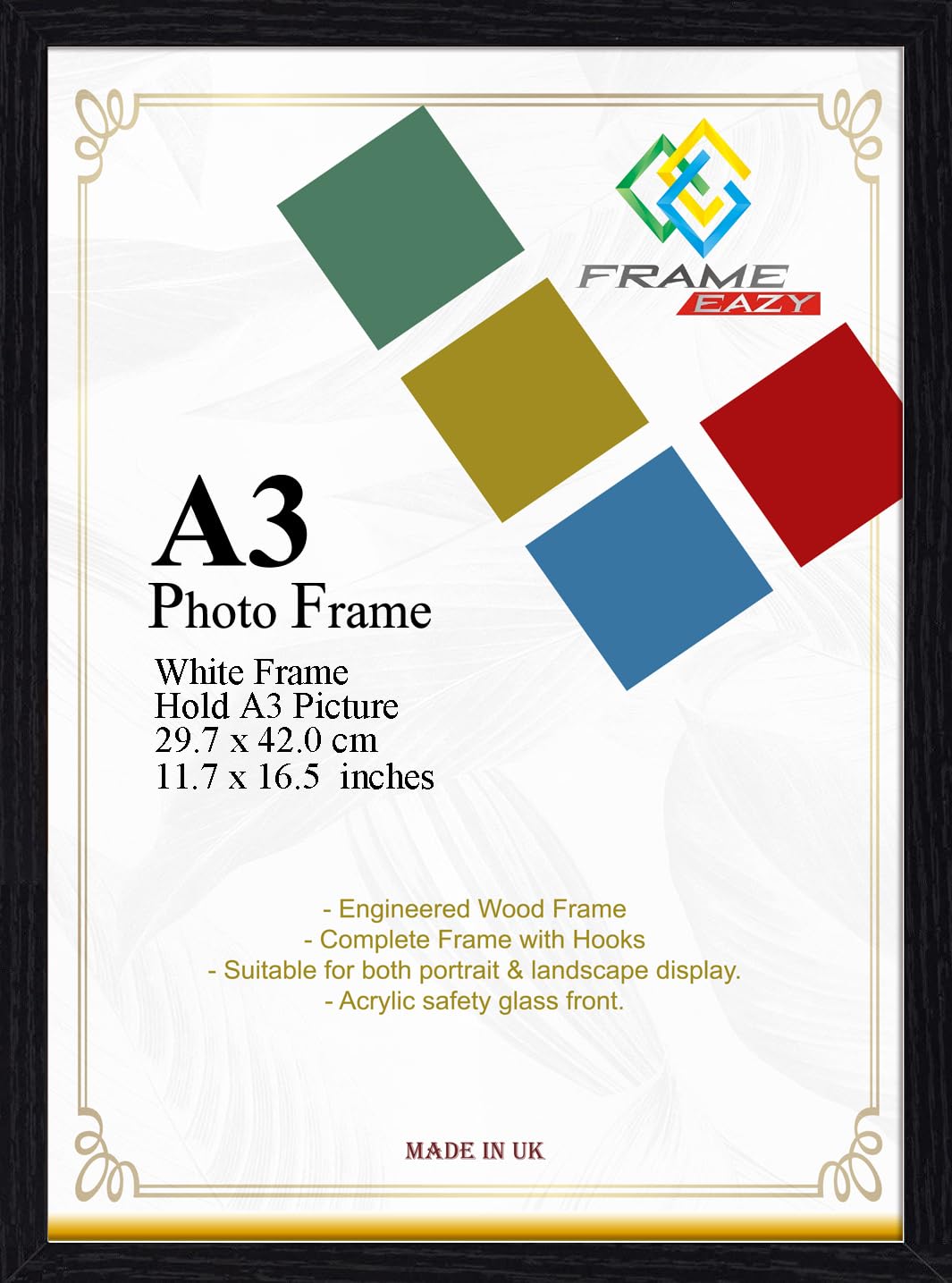 FRAME EAZY A3 Black Photo Picture Frame Certificate Display Frames Modern Flat Design 29.7 x 42cm Frames Home Décor With Safe Perspex Front & Wall Hanging Hooks