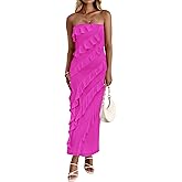Muchpow Women's Strapless Ruffle Dress Midi Elegant Summer Bodycon Stretchy Mesh Ruched Party Cocktail Dresses