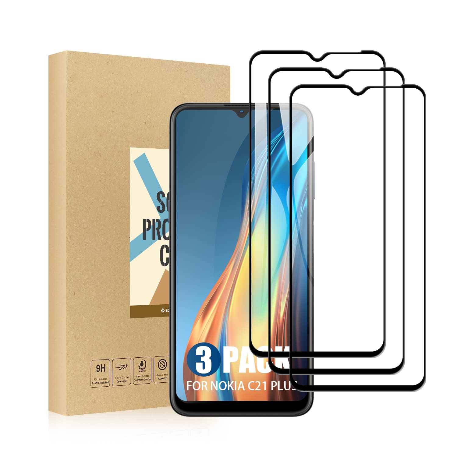 SCL Screen Protector Compatible with Nokia C21 Plus Screen Protector Nokia C21 Plus Tempered Glass Film [3-Pack], [Full Coverage, Easy Installation, Bubble-free, 9H Hardness]