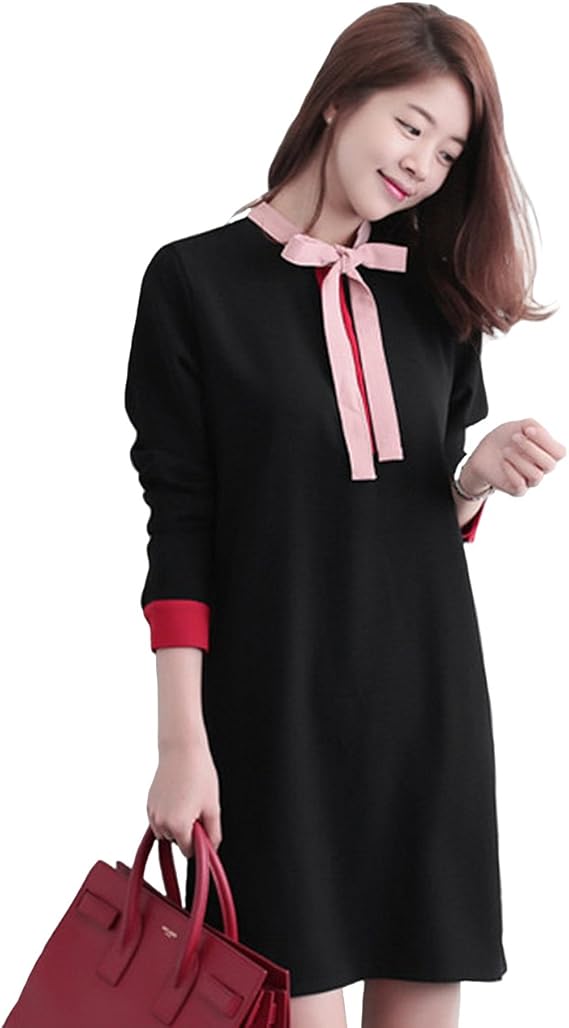 Amazon 大きいサイズ レディース リボンタイワンピース 配色ワンピ 黒 ブラウスワンピ T579 ブラック 4l ワンピース チュニック 通販