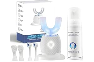 360° Ultrasonic U-Shaped Electric Toothbrush – Hands-Free Auto Cleaning with Foam Mousse, 4 Brush Heads, LED Light & Charging