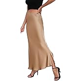 Women's Satin Silky Midi Skirt Side Slit high Waist Elastic Waistband A line Long Flowy Skirts for Women Formal Wear