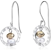 Desnuage Two Tone Hammered Circle Pearl Dangle Earrings - Gold & Silver Hypoallergenic Earrings for Women