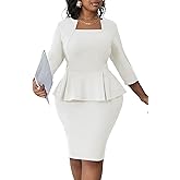 Runwind Plus Size Dress for Curvy Women Midi Church Wear to Work Bodycon Vintage Peplum 3/4 Sleeve Sheath Pencil Dress