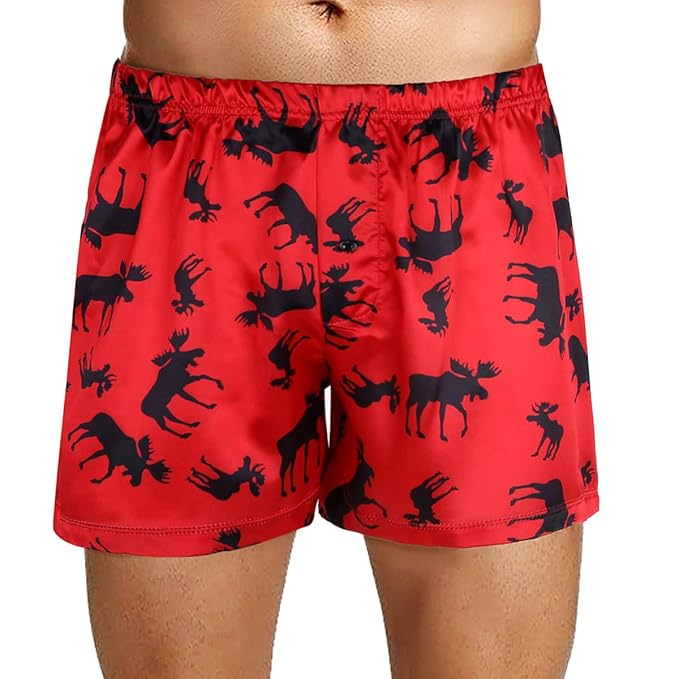 Agoky Herren Männer Satin Boxershorts rot mit Rentier Geweih Muster Aufdruck Weinachten Kostüm Unterhosen Shorts sexy Unterwä