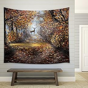 .Deer at The End of Path.Modern Impressionism, Modernism,Marinism - Fabric Wall Tapestry Home Decor - 51x60 inches