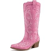 Athlefit Women's Embroidered Western Cowboy Boots Fashion Pointed Toe Chunky Heel Mid Calf Cowgirl Boots