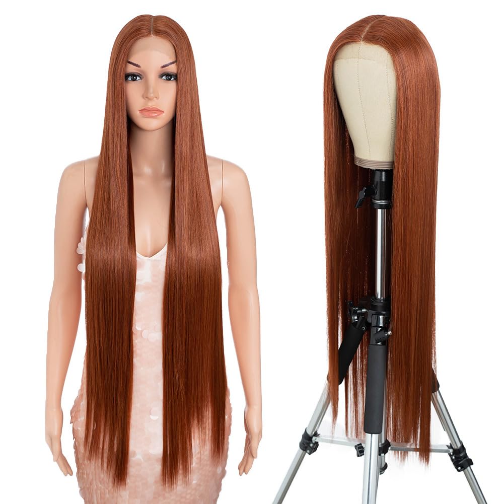 Style Icon Super Long Straight Lace Front Wig 38 Inches Long Reddish Brown Wig for Women Synthetic Lace Front Wig Middle Part Lace Wig Pre Plucked with Baby Hair Heat Resistant Fiber (130T)