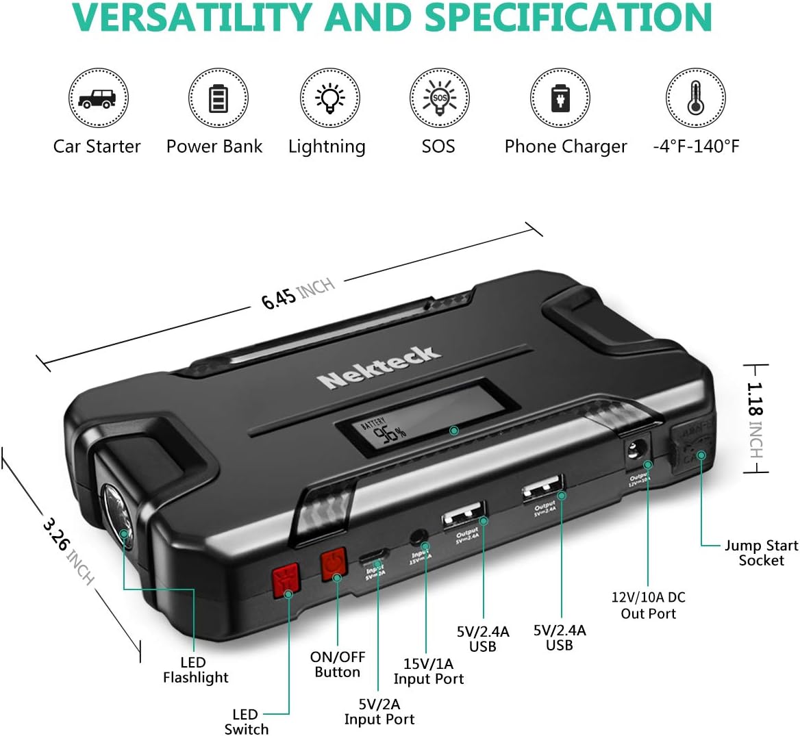 Nekteck Car Jump Starter Portable External Battery Charger 500A Peak with 12000mAh - Emergency Jump Pack Auto Jumper for Sedan Van SUV Boat Smartphone USB Device and More: Automotive