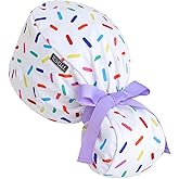 Scrub Caps Women Ponytail – Sprinkle White Double-Sided Printed Surgical Hat with Buttons and Sweatband, Soft Nurse Cap for Long Hair, Helps Reduce Static Buildup