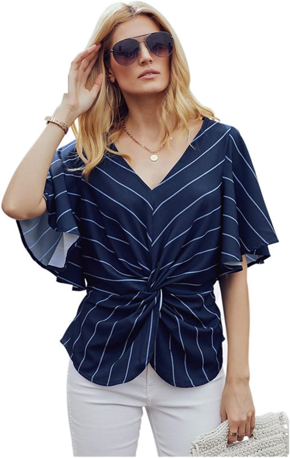 Daniel Secret Dress Women White Striped Chiffon Blouse V Neck Batwing Sleeve Blouse Size S-2XL LC251896