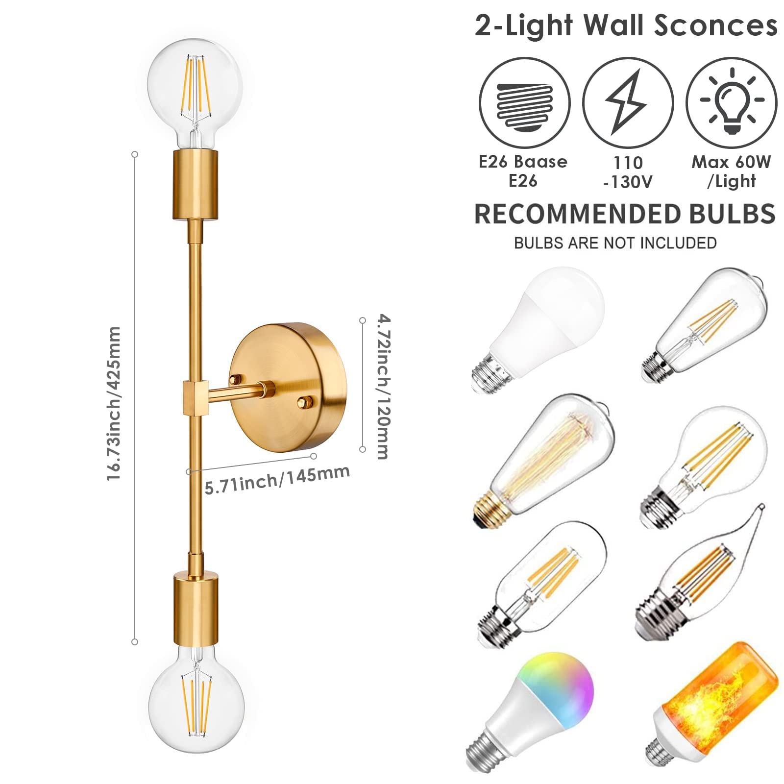 SunRider 2-Light Vanity Light Fixtures, Gold Bathroom Wall Sconce Mid Century Modern Wall Mounted Lamp Brushed Golden Sconce Indoor Vintage Wall Light