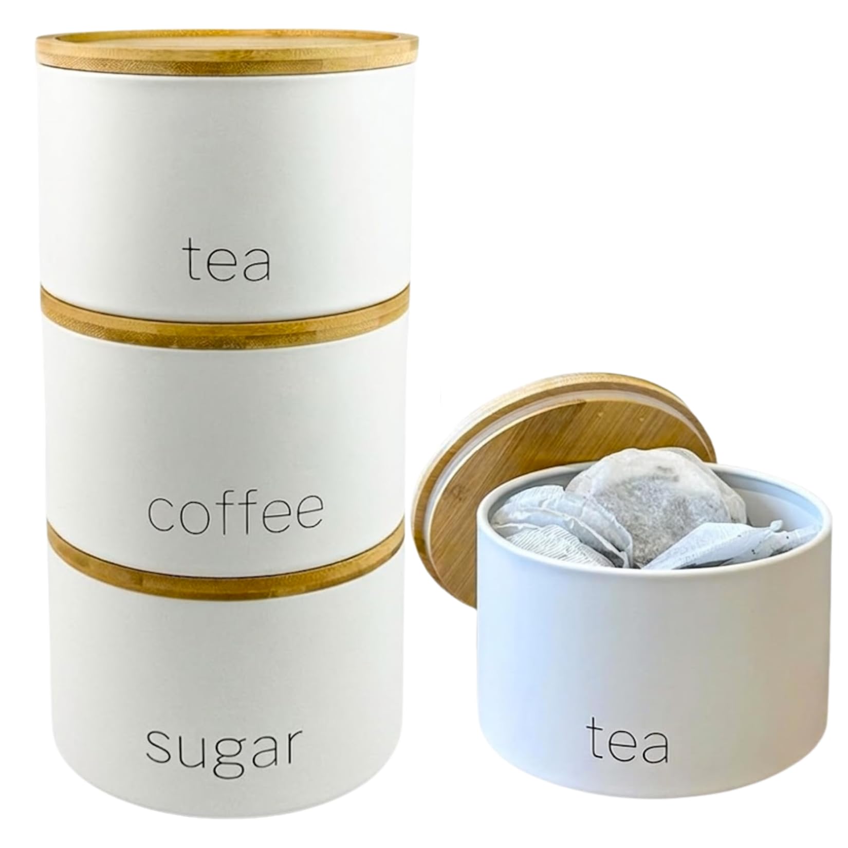 SAFRI 3 Pieces Jar with Wooden Lid Tea Coffee Sugar Canister Storage Container Bowl Pots Kitchen Storage Tins (White)