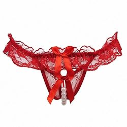 Women Pearl Lace Bowknot Beads Lace Panties Erotic
