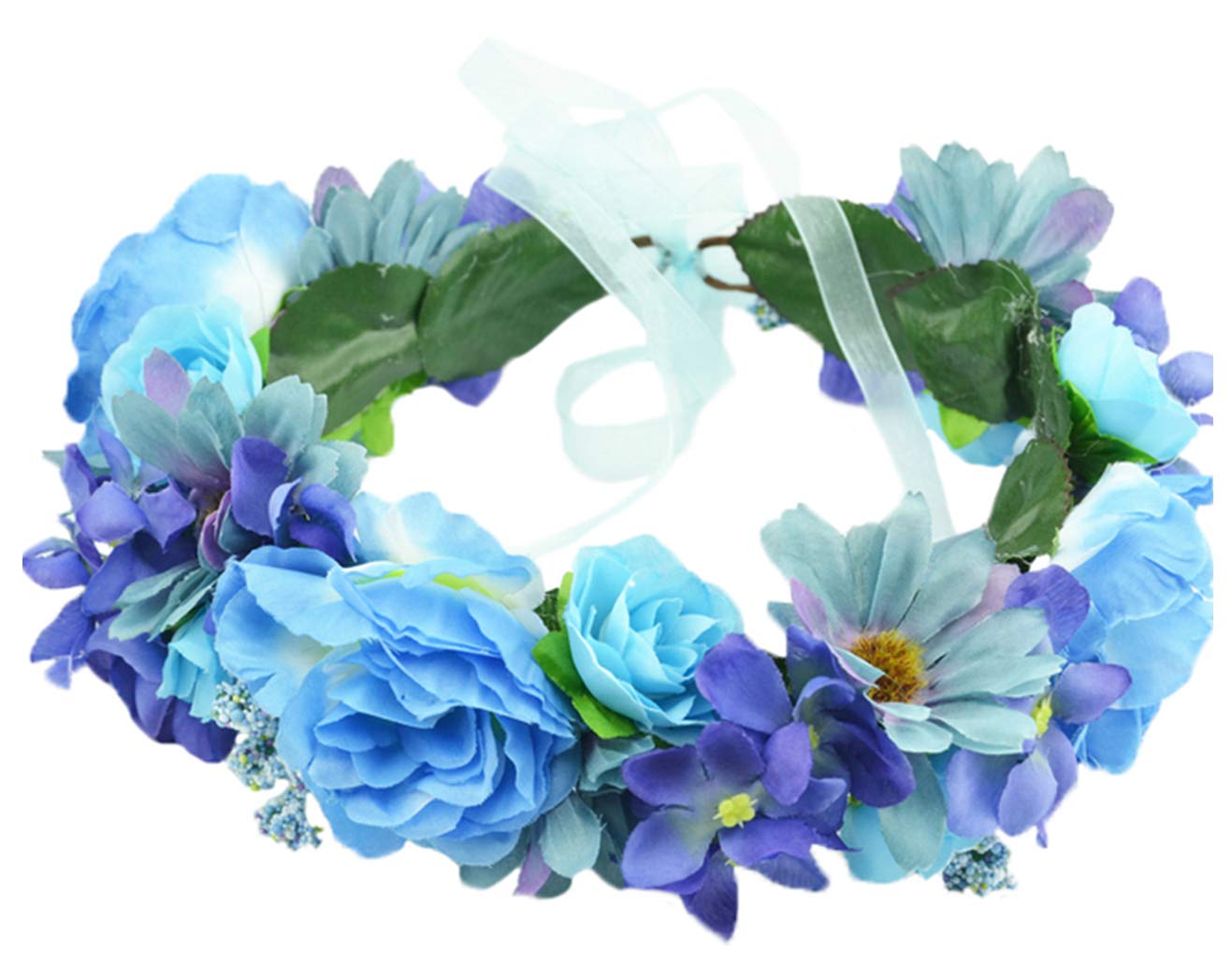 Brikuinr Floral Wreath Headband Flower Wreath Crown Hair Wreath Hair Garland Flower Halo Floral Headpiece Boho with Ribbon Wedding Party Festival Blue — image 1