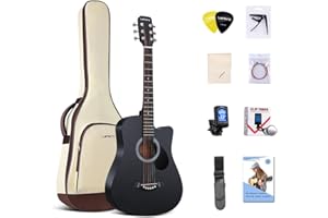 Lankro 38 inch Beginner Acoustic Guitar Black Basswood Cutaway Guitarra Starter Kit with Gig Bag Stap Learning Book Strings S