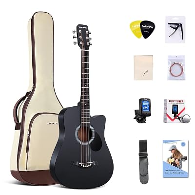 Lankro 38 inch Guitar Black Acoustic Guitar Beginner kit Adult Cutaway Acoustic Guitar Guitarras Starter Set Bundle with Padded Gig Bag, Strap, Capo, Strings, Picks