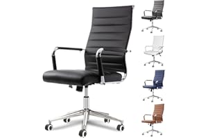 LEPDEP Okeysen Office Desk Chair, Ergonomic Leather Modern Conference Room Chairs, Executive Ribbed Height Adjustable Swivel Rolling Chair for Home Office. (Black)