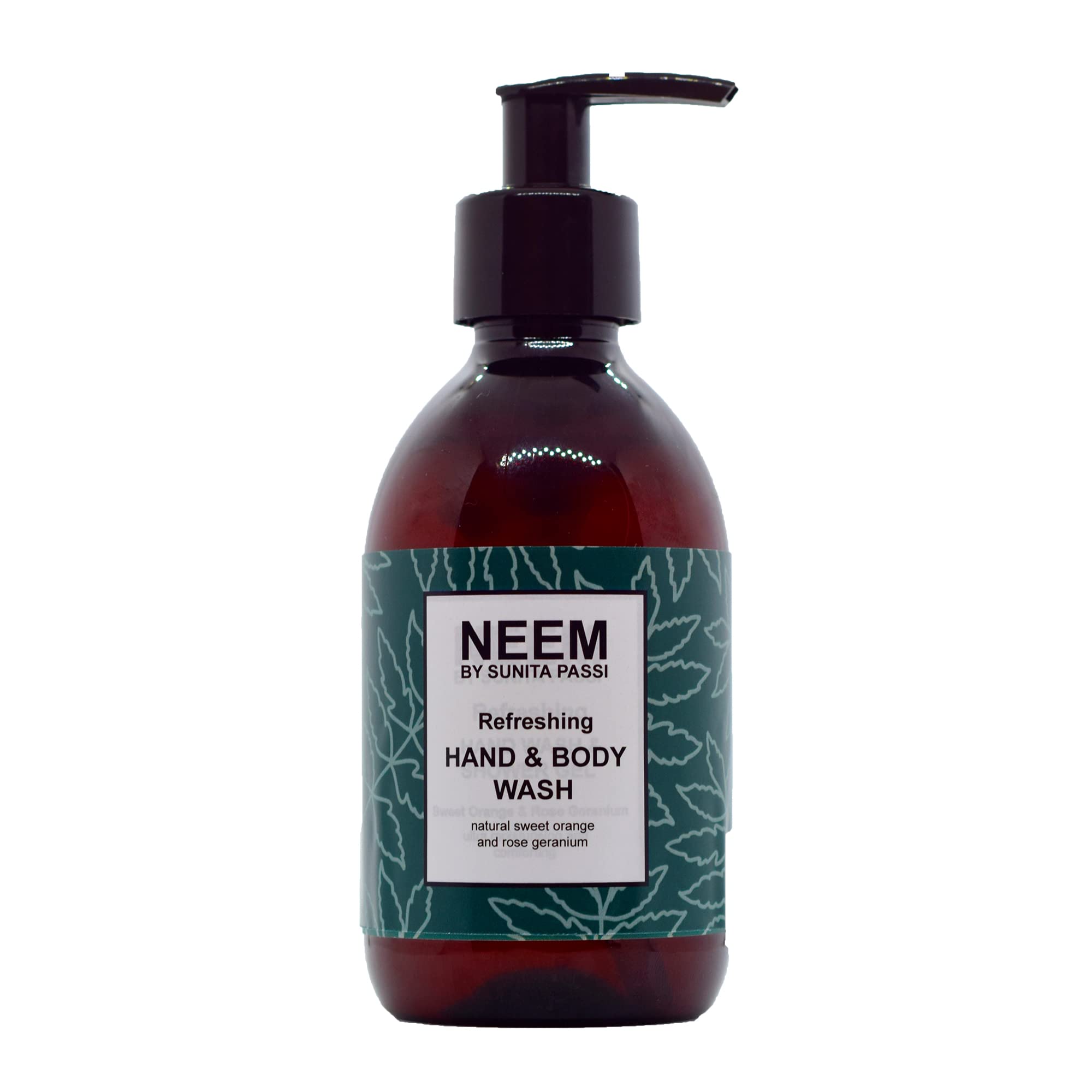 NEEM Sunita Passi - Ayurvedic Neem Hand & Body Wash, 250ml - Nourishing Neem Shower Gel - Sweet Orange & Rose Geranium Essential Oils - Soap Free Cleansing - Vegan & Natural