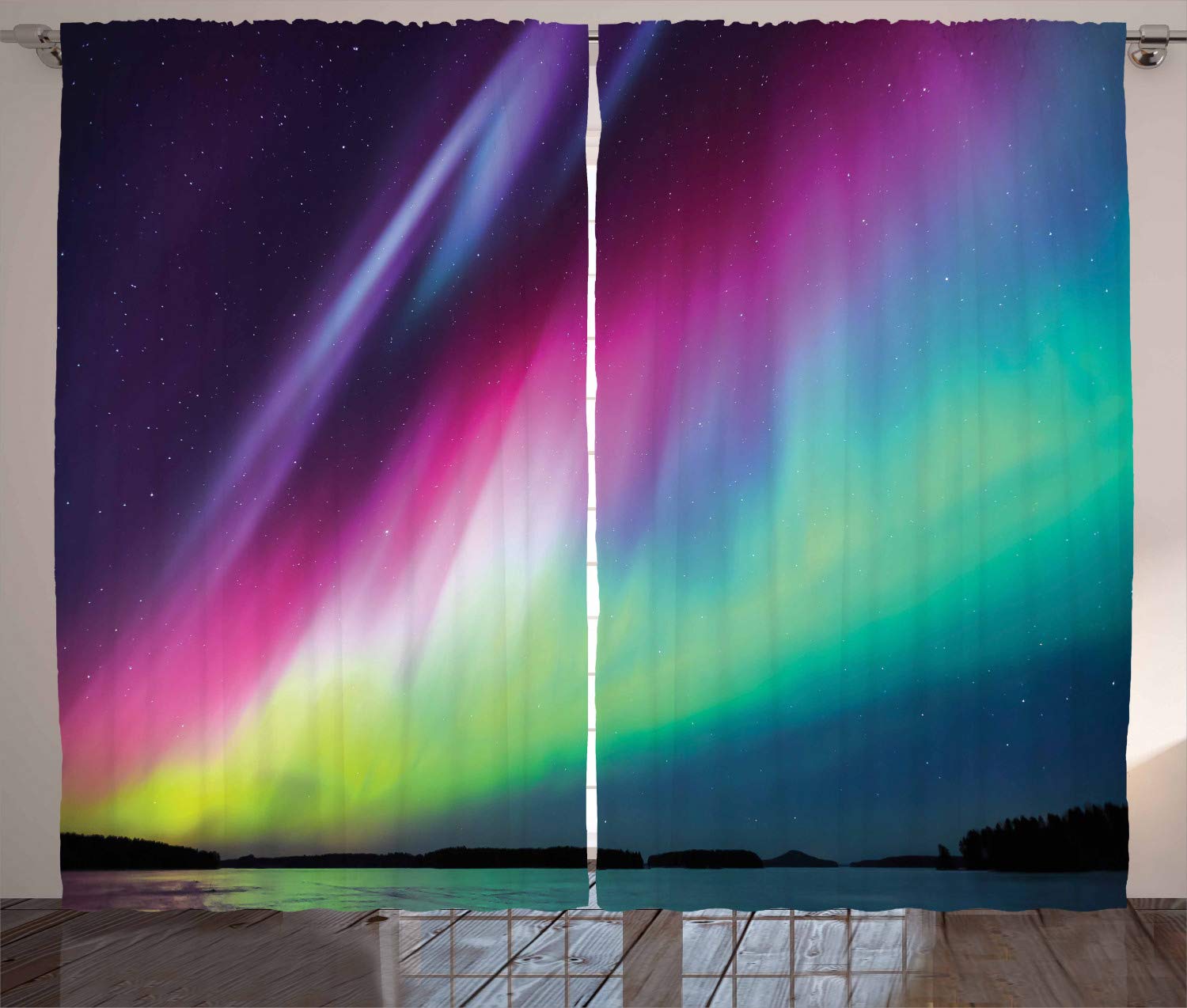 ABAKUHAUS Aurora Borealis Curtains, Colorful Weather Pattern with Rainbow Tones Starry Night Sky Illustration, Living Room Bedroom Window Drapes 2 Panel Set, 102 L X 110 W, Multicolor