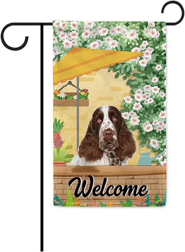 BAGEYOU Welcome Summer Dog Garden Flag English Springer Spaniel Playing in The Yard Gardening Floral Plants Sunshade Spring Decor Home Banner for Outside 12.5x18 Inch Print Both Sides