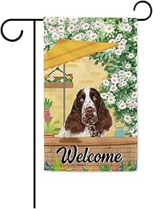 BAGEYOU Welcome Summer Dog Garden Flag English Springer Spaniel Playing in The Yard Gardening Floral Plants Sunshade Spring Decor Home Banner for Outside 12.5x18 Inch Print Both Sides