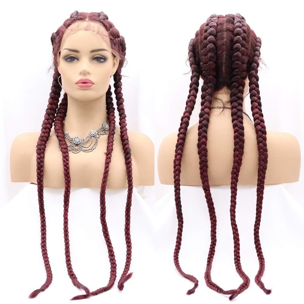 Xiweiya Wigs Long Braided Wig Wine Red Color Hair Highlight Big Braiding Synthetic Lace Front Wig with Four Braids for Women,Drag Queen Makeup Party 28 Inches