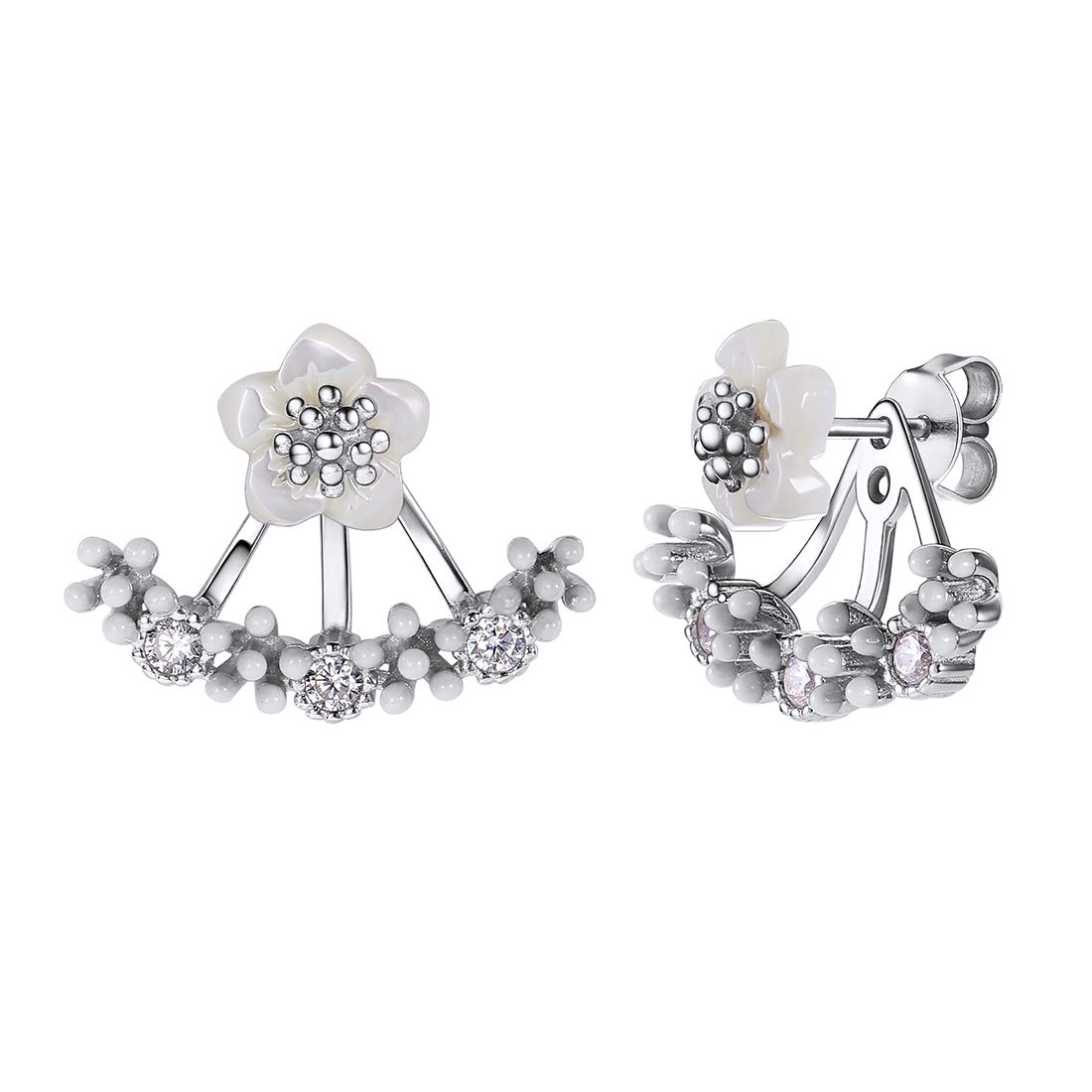 Shell Sakura Stud Earring, Multiple Ways of Wearing, 925 Sterling Silver Cubic Zirconia Flower Jewelry Women Earring