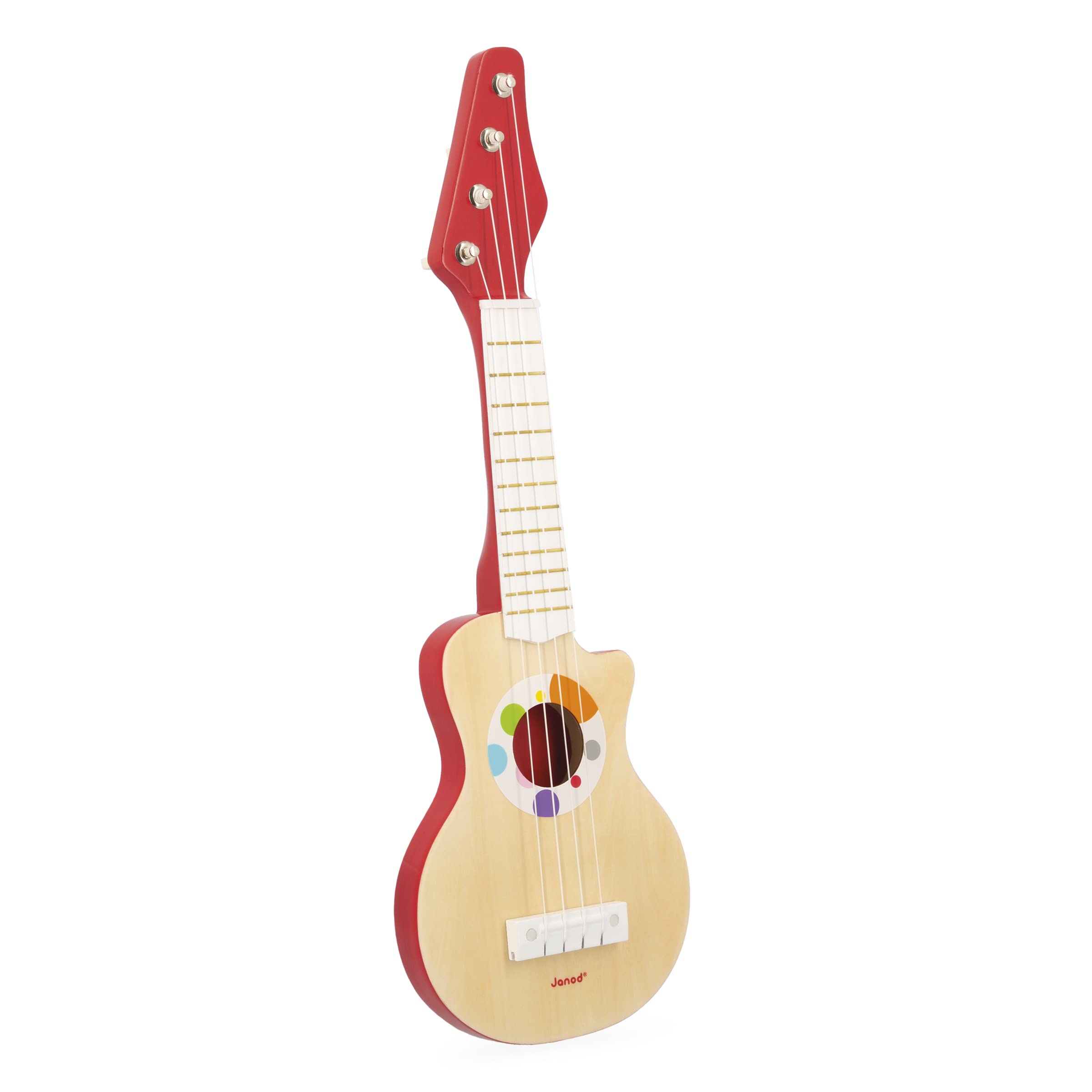 Janod - Confetti Wooden Rock Guitar - Pretend Play Musical Toy - Includes 4 Plastic Strings + 4 Spare Ones - 3 Years +, J07644