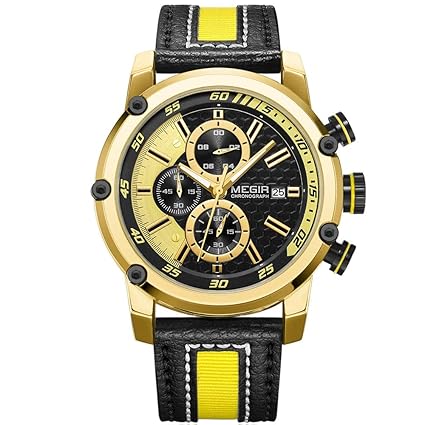MEGIR Latest Design Japanese Quartz Real Chronograph Genuine Leather Sport Men Luxury Watch Megir 2079 - Black Gold