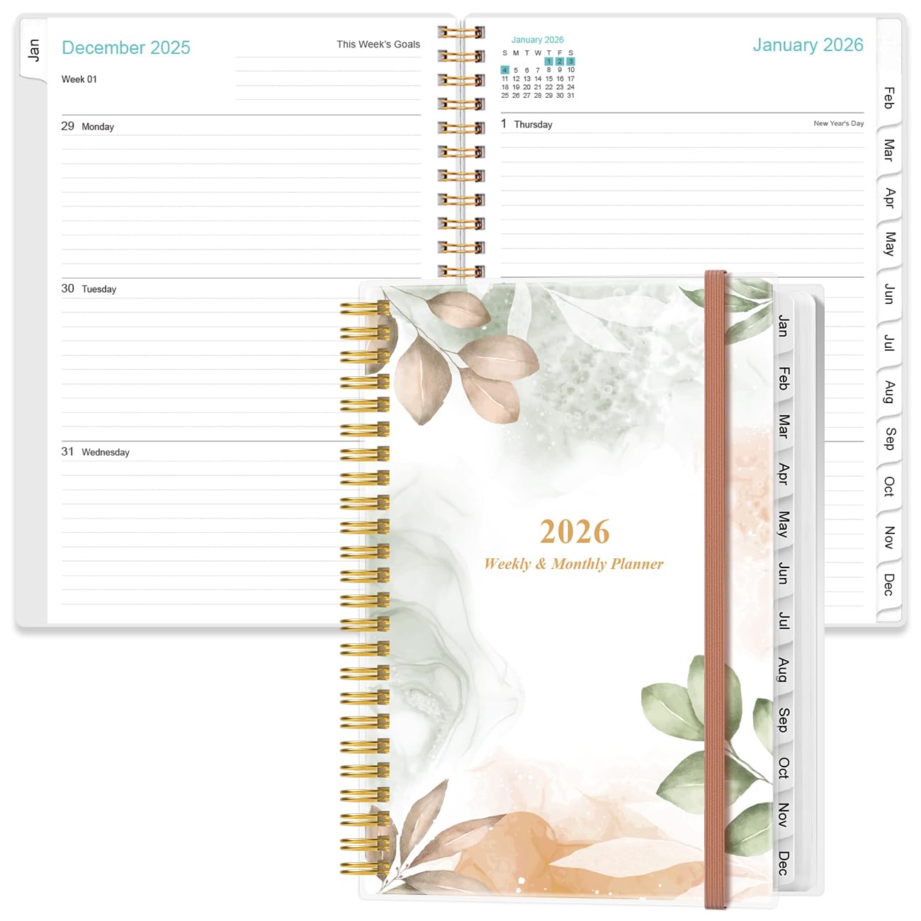 Photo 1 of 2026 Planner - A5 Weekly & Monthly Planner Spiral Bound, January 2026 - December 2026, with Flexible Cover, Tabs, Inner Pocket, 6.4" x 8.5", Rose Leaf