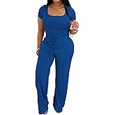PINSV Women's 2 Piece Outfits Lounge Short Sleeve Tops High Waisted Wide Leg Pants Tracksuit Sets