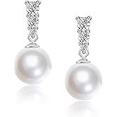 Mameloly Pearl Drop Earrings 925 Sterling Silver CZ 10MM Simulated Pearl Earrings for Women Dangle Trendy Jewelry for Women Hypoallergenic