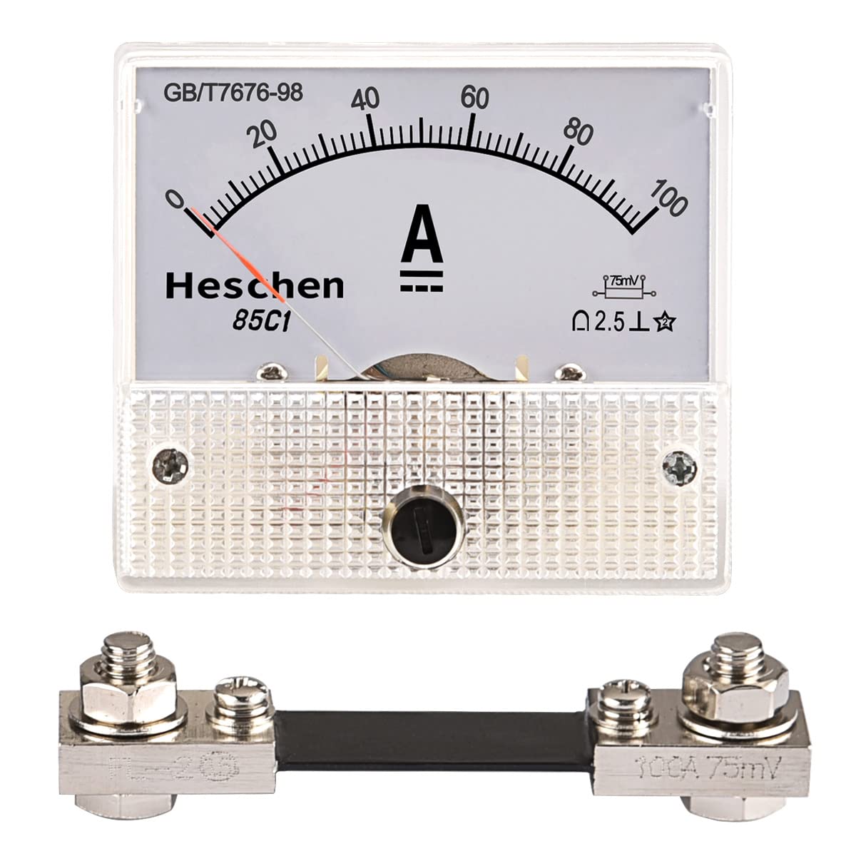 Heschen 85C1-100A Rectangle Panel Mounted Current Meter Ammeter Tester DC 0-100A Class 2.5 White