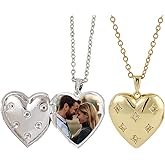 PLIGREAT 2 Colors Heart Photo Locket Necklace for Women, 18K Pendant Holds Pictures Rhinestones Heart Open Locket Necklaces 19.68 Inch Stainless Steel Chain Memorial Pendant Gift