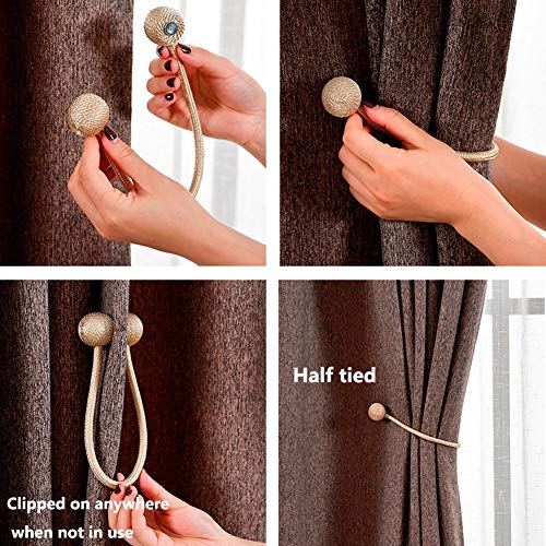 LED Bright Life 6 Pack Magnetic Curtain Tiebacks,The Most Convenient Woven Texture Rope Drape Tie Backs, Decorative Holdback Holder for Window Sheer Blackout Home Office,16 Inch (Beige)
