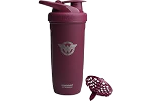 Smartshake DC COMICS Reforce Stainless Steel Protein Shaker Bottle 900 ml | 30 oz - Leakproof Screw-on Lid - BPA Free – Unisex - Non Insulated - Wonder Women Logo