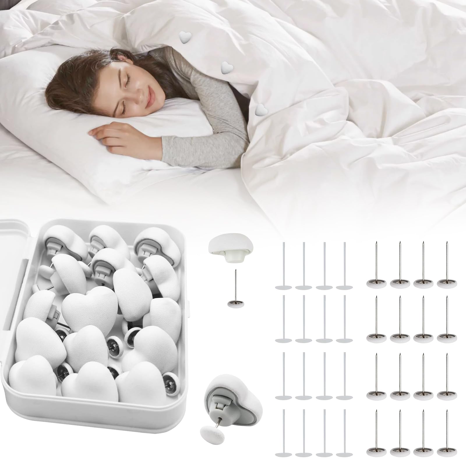 MQUPIN Quilt Fixing Clips,16 Pcs Duvet Cover Clips,Mushroom Round Fixing Clips with Buttons,Bedroom Duvet Fixing Holder Quilt Cover Pins with Box(White)